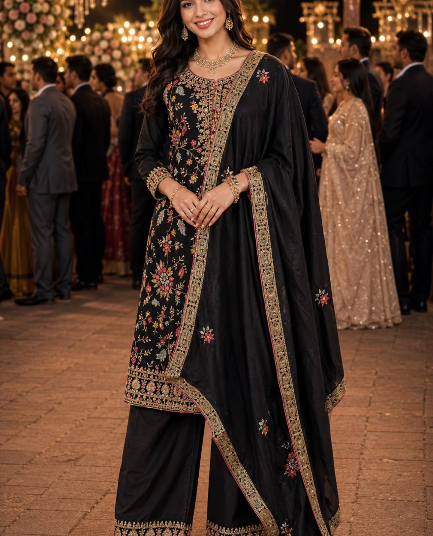 BLACK - Black Chinon Palazzo Salwar Suit with Embroidered and Sequins Work